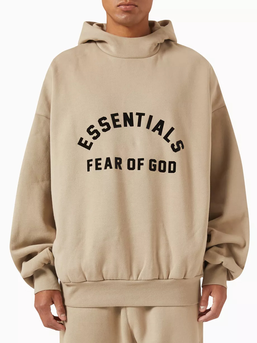 essentials dusty beige flocked logo hoodie